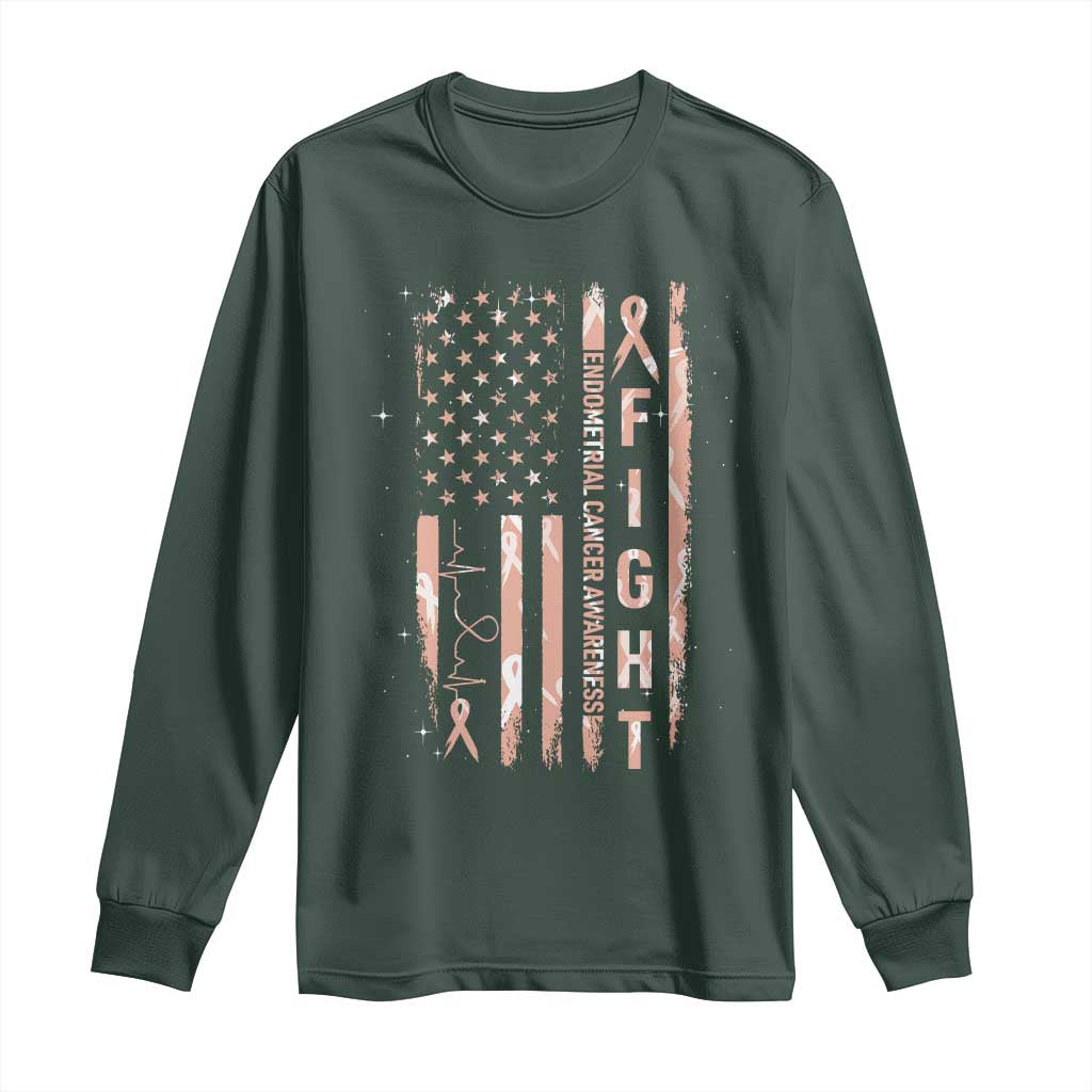 American Flag Endometrial Cancer Long Sleeve Shirt Fight Together Peach Ribbon Support Squad