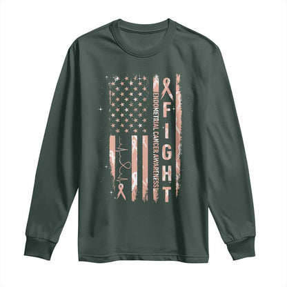American Flag Endometrial Cancer Long Sleeve Shirt Fight Together Peach Ribbon Support Squad