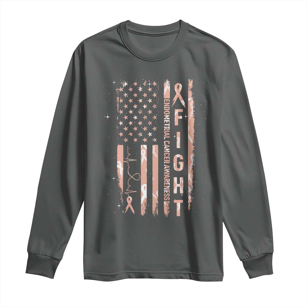 American Flag Endometrial Cancer Long Sleeve Shirt Fight Together Peach Ribbon Support Squad