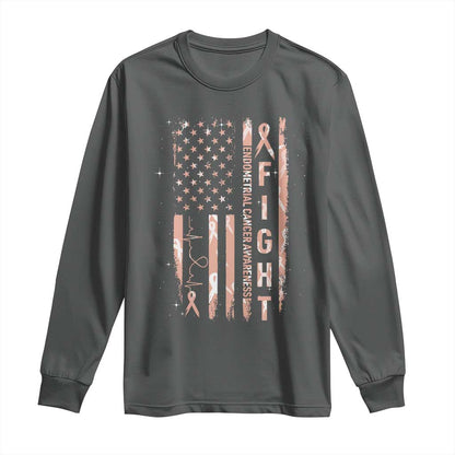 American Flag Endometrial Cancer Long Sleeve Shirt Fight Together Peach Ribbon Support Squad