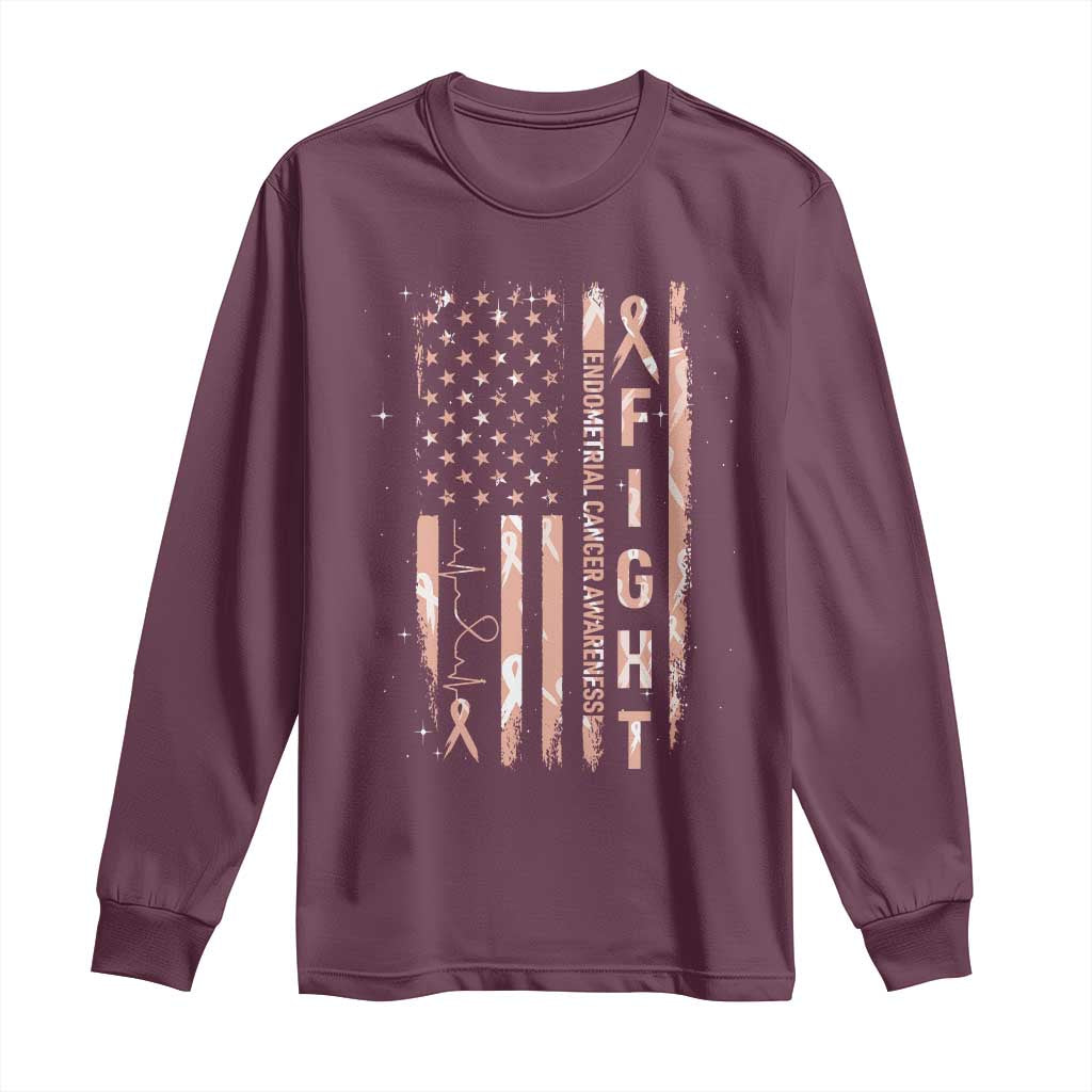 American Flag Endometrial Cancer Long Sleeve Shirt Fight Together Peach Ribbon Support Squad