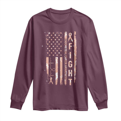 American Flag Endometrial Cancer Long Sleeve Shirt Fight Together Peach Ribbon Support Squad