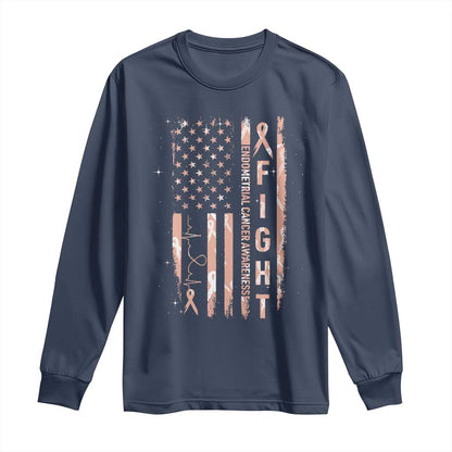 American Flag Endometrial Cancer Long Sleeve Shirt Fight Together Peach Ribbon Support Squad