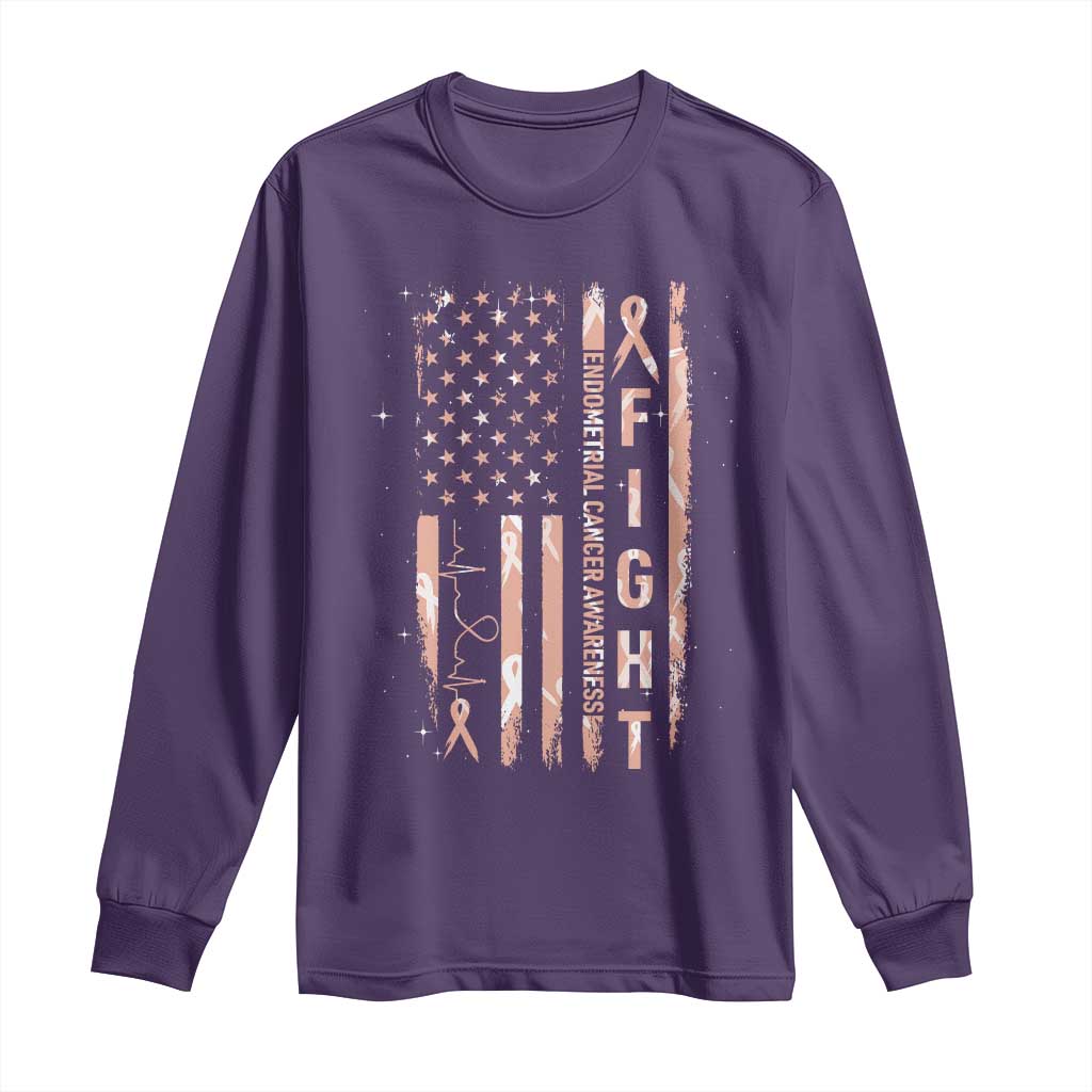 American Flag Endometrial Cancer Long Sleeve Shirt Fight Together Peach Ribbon Support Squad