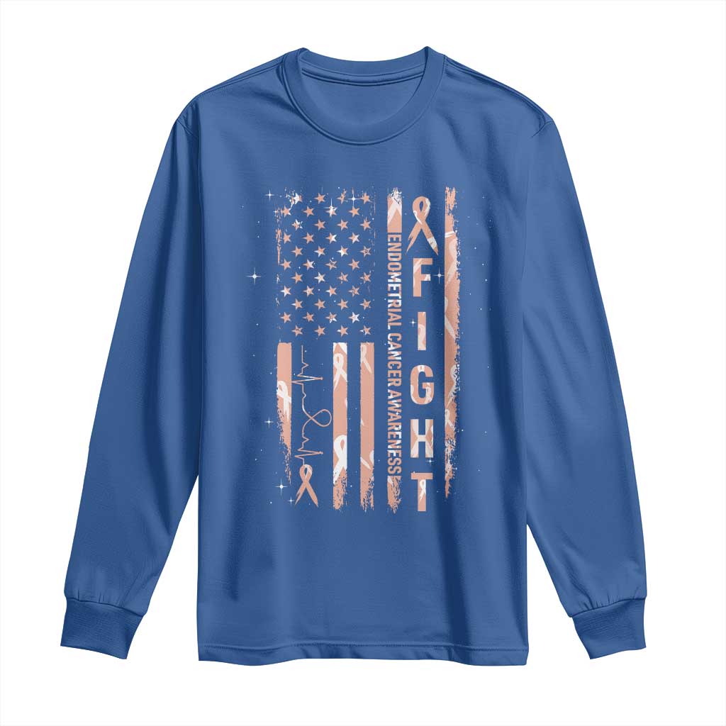 American Flag Endometrial Cancer Long Sleeve Shirt Fight Together Peach Ribbon Support Squad