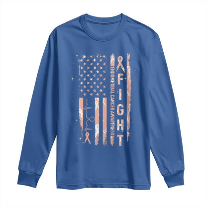 American Flag Endometrial Cancer Long Sleeve Shirt Fight Together Peach Ribbon Support Squad