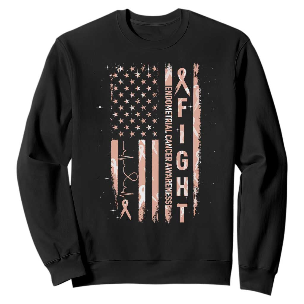 American Flag Endometrial Cancer Sweatshirt Fight Together Peach Ribbon Support Squad