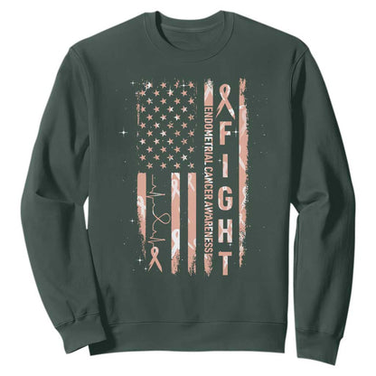 American Flag Endometrial Cancer Sweatshirt Fight Together Peach Ribbon Support Squad