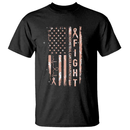 American Flag Endometrial Cancer T Shirt Fight Together Peach Ribbon Support Squad