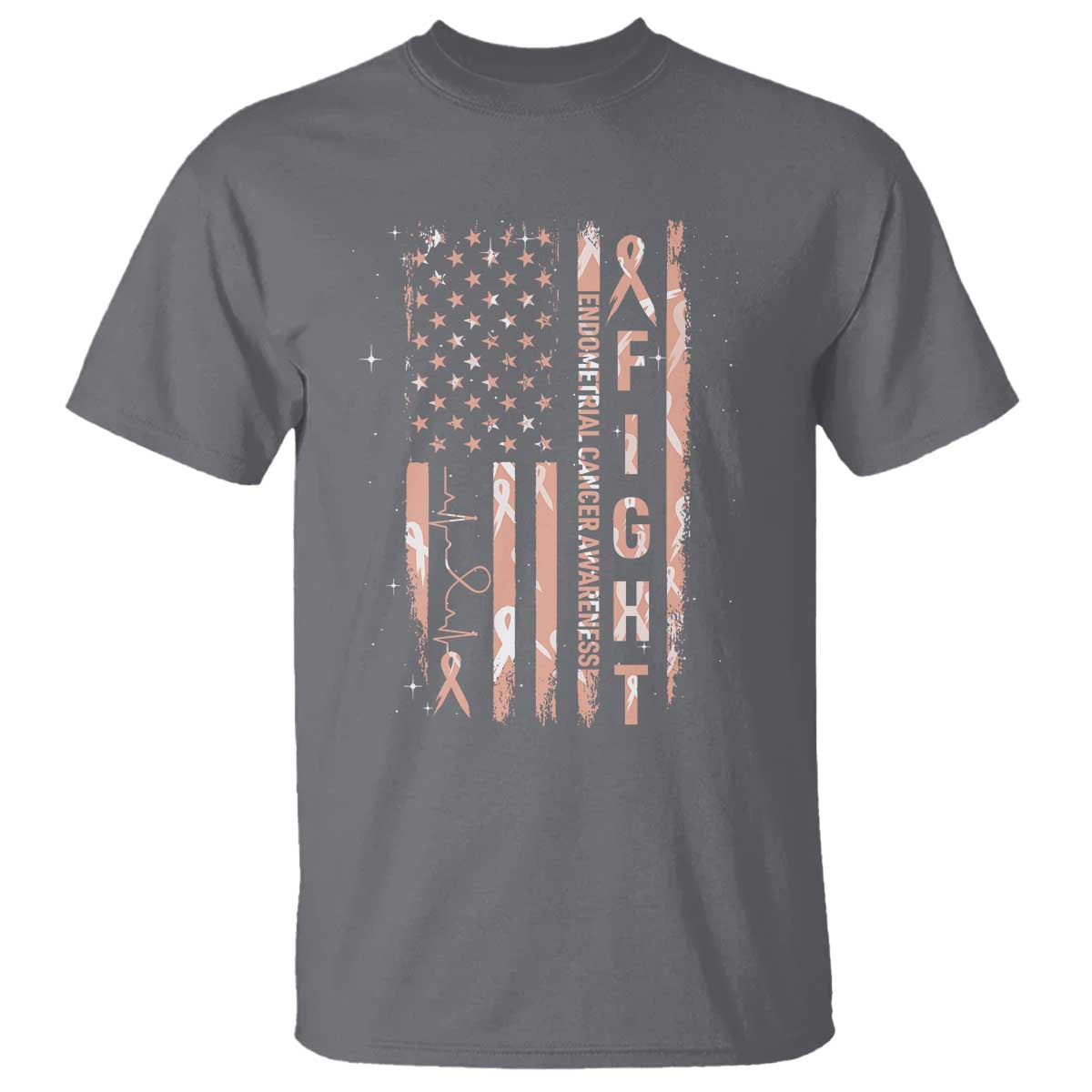 American Flag Endometrial Cancer T Shirt Fight Together Peach Ribbon Support Squad