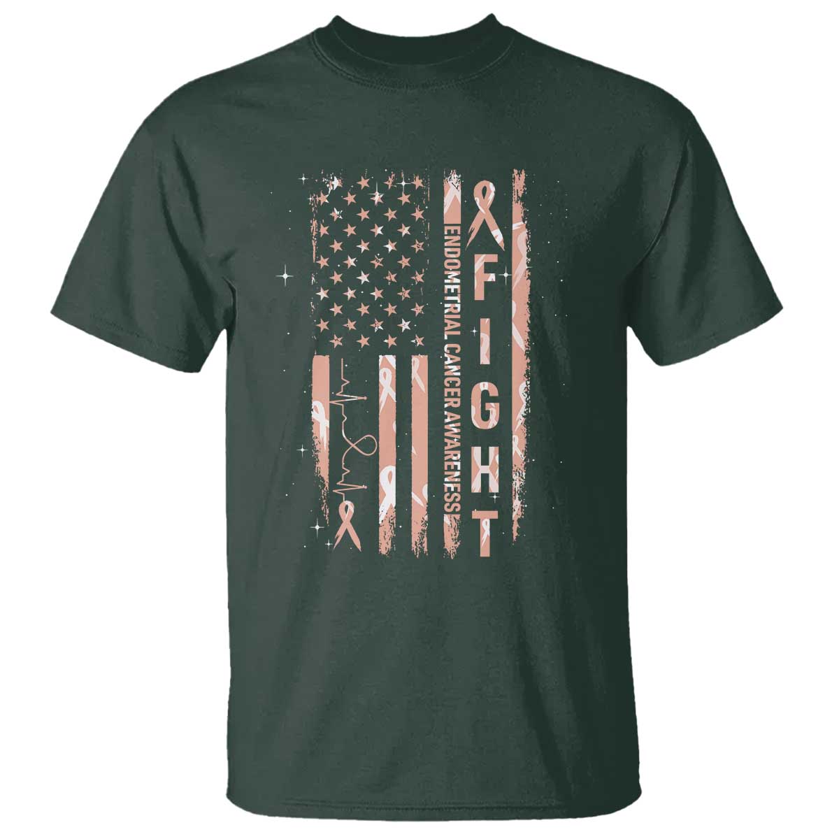 American Flag Endometrial Cancer T Shirt Fight Together Peach Ribbon Support Squad