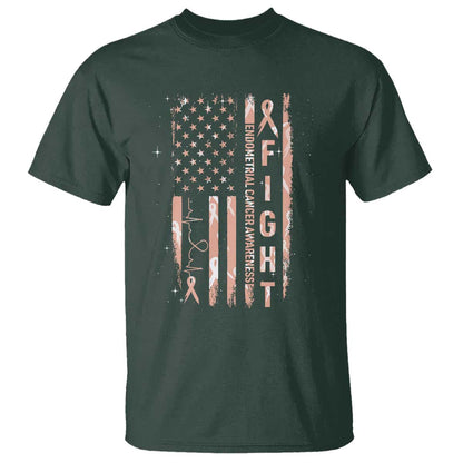 American Flag Endometrial Cancer T Shirt Fight Together Peach Ribbon Support Squad