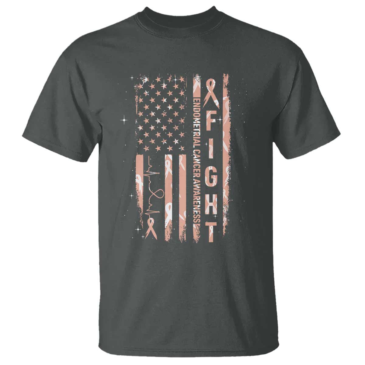 American Flag Endometrial Cancer T Shirt Fight Together Peach Ribbon Support Squad