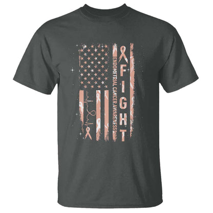 American Flag Endometrial Cancer T Shirt Fight Together Peach Ribbon Support Squad