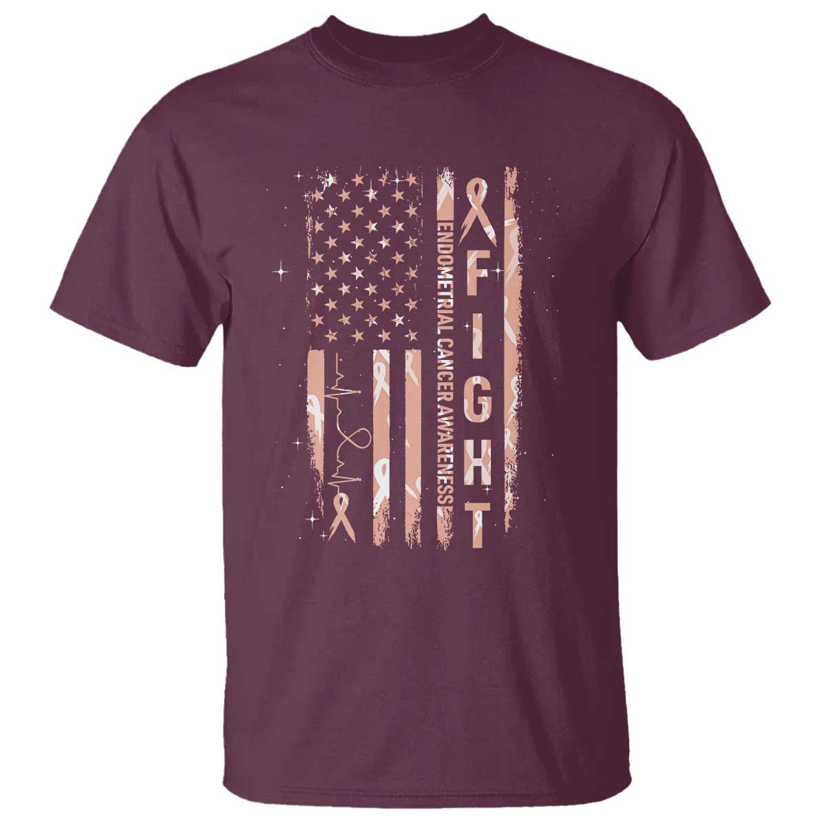 American Flag Endometrial Cancer T Shirt Fight Together Peach Ribbon Support Squad
