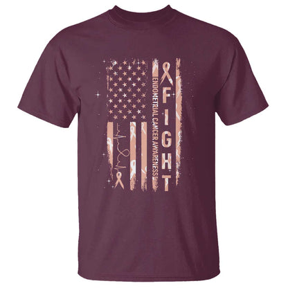 American Flag Endometrial Cancer T Shirt Fight Together Peach Ribbon Support Squad