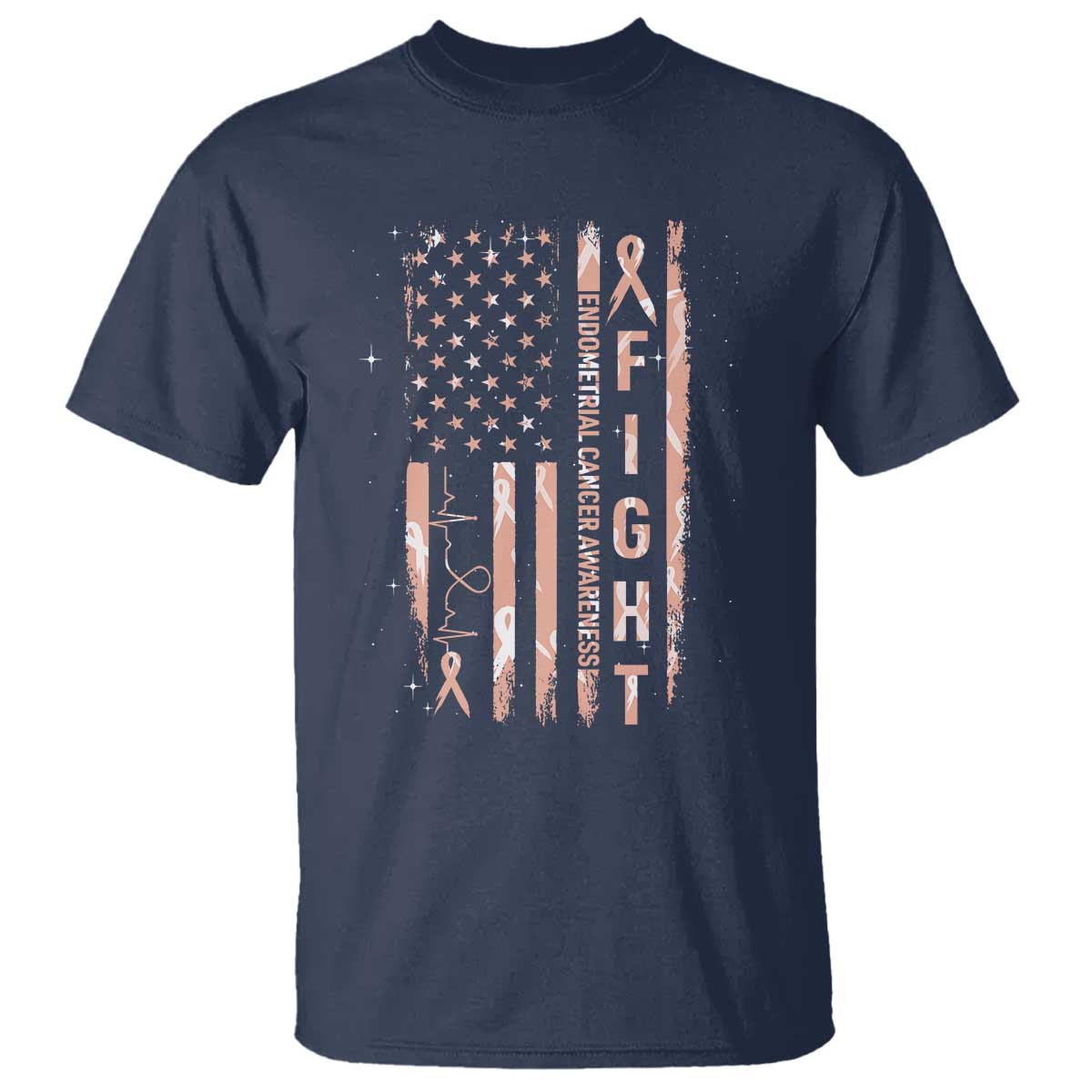 American Flag Endometrial Cancer T Shirt Fight Together Peach Ribbon Support Squad