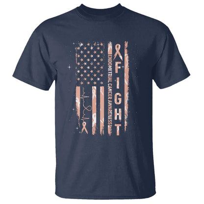 American Flag Endometrial Cancer T Shirt Fight Together Peach Ribbon Support Squad