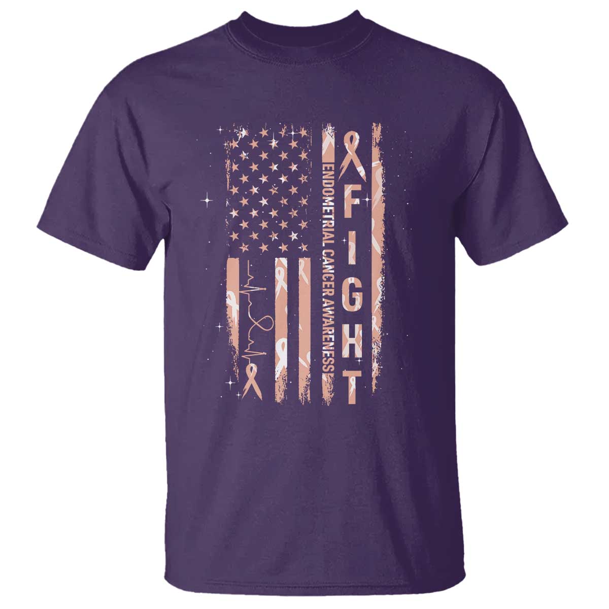 American Flag Endometrial Cancer T Shirt Fight Together Peach Ribbon Support Squad