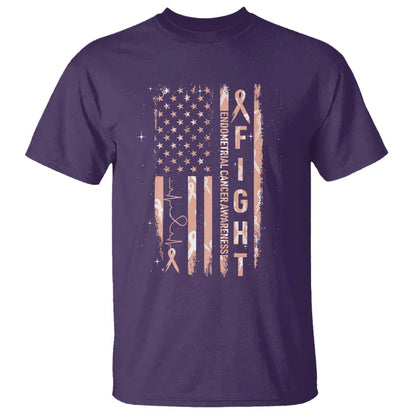 American Flag Endometrial Cancer T Shirt Fight Together Peach Ribbon Support Squad