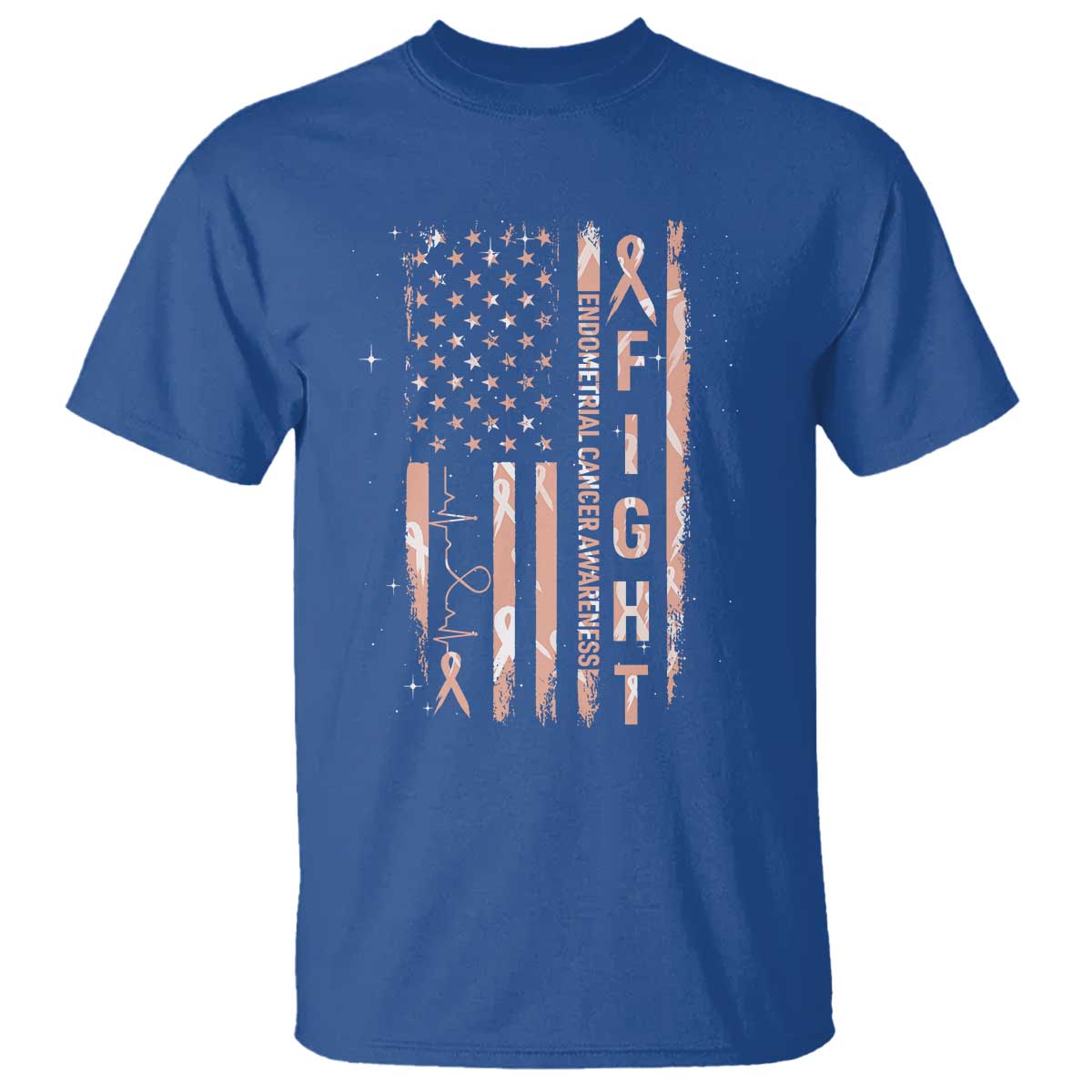 American Flag Endometrial Cancer T Shirt Fight Together Peach Ribbon Support Squad