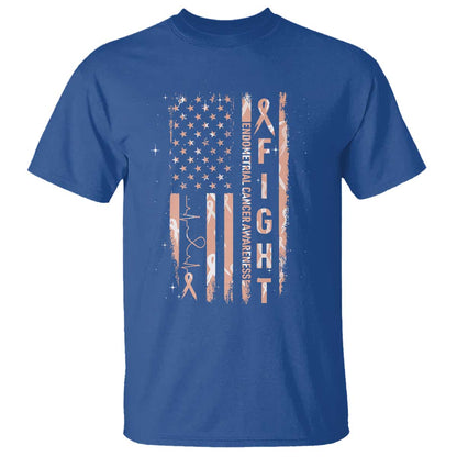 American Flag Endometrial Cancer T Shirt Fight Together Peach Ribbon Support Squad