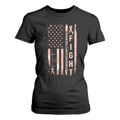American Flag Endometrial Cancer T Shirt For Women Fight Together Peach Ribbon Support Squad