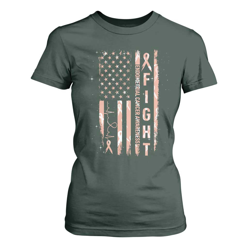 American Flag Endometrial Cancer T Shirt For Women Fight Together Peach Ribbon Support Squad