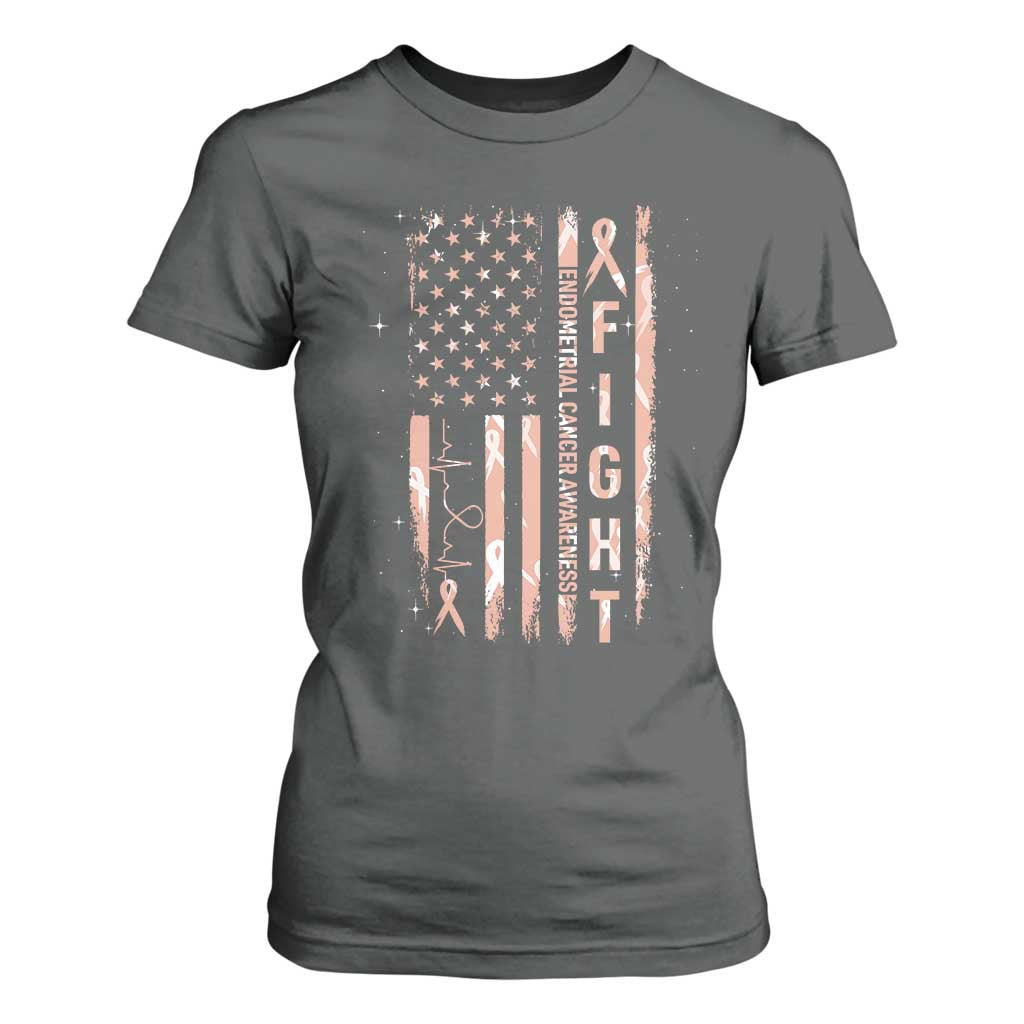 American Flag Endometrial Cancer T Shirt For Women Fight Together Peach Ribbon Support Squad