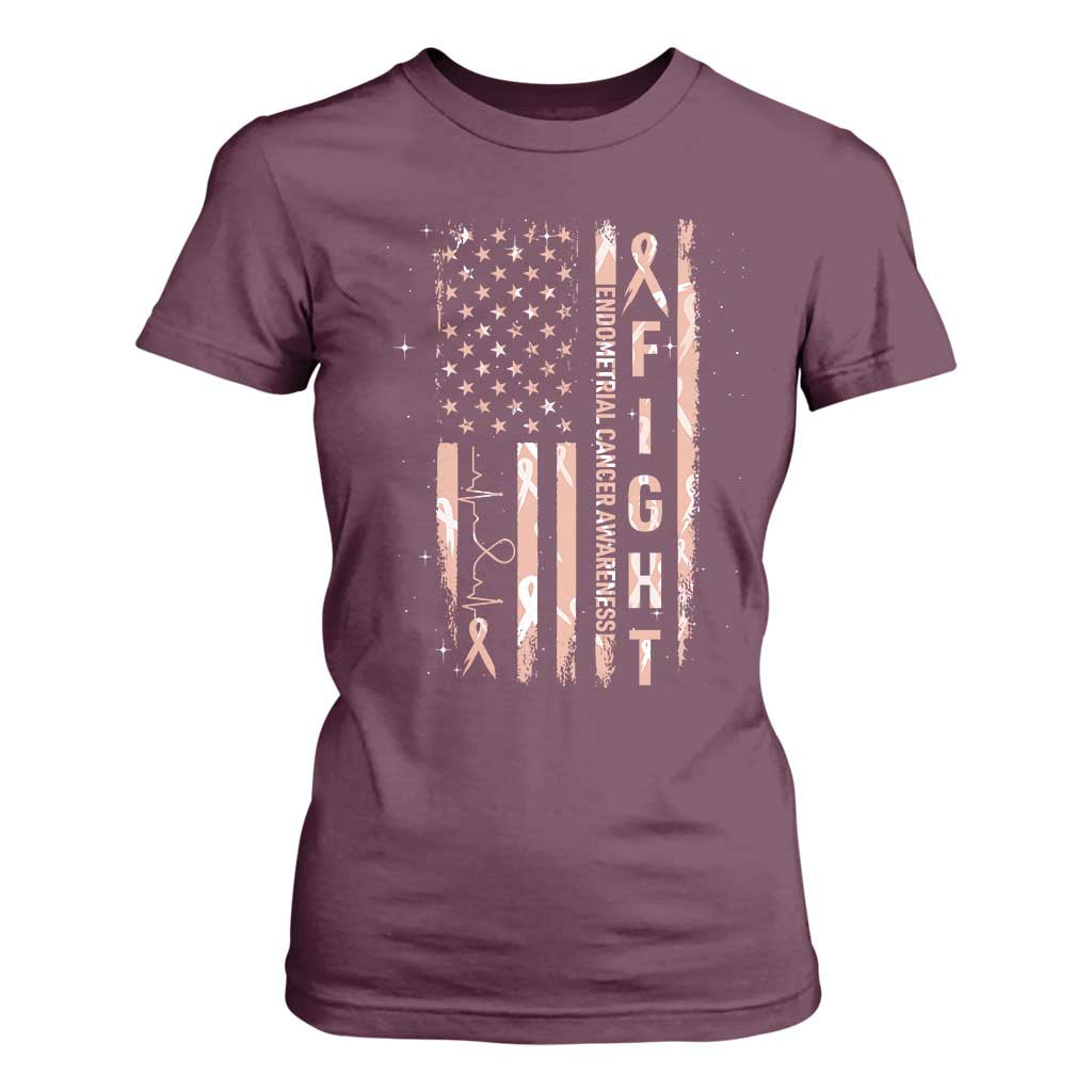 American Flag Endometrial Cancer T Shirt For Women Fight Together Peach Ribbon Support Squad