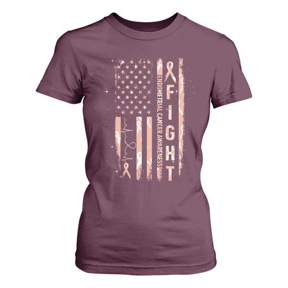 American Flag Endometrial Cancer T Shirt For Women Fight Together Peach Ribbon Support Squad