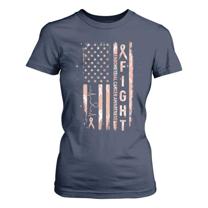 American Flag Endometrial Cancer T Shirt For Women Fight Together Peach Ribbon Support Squad
