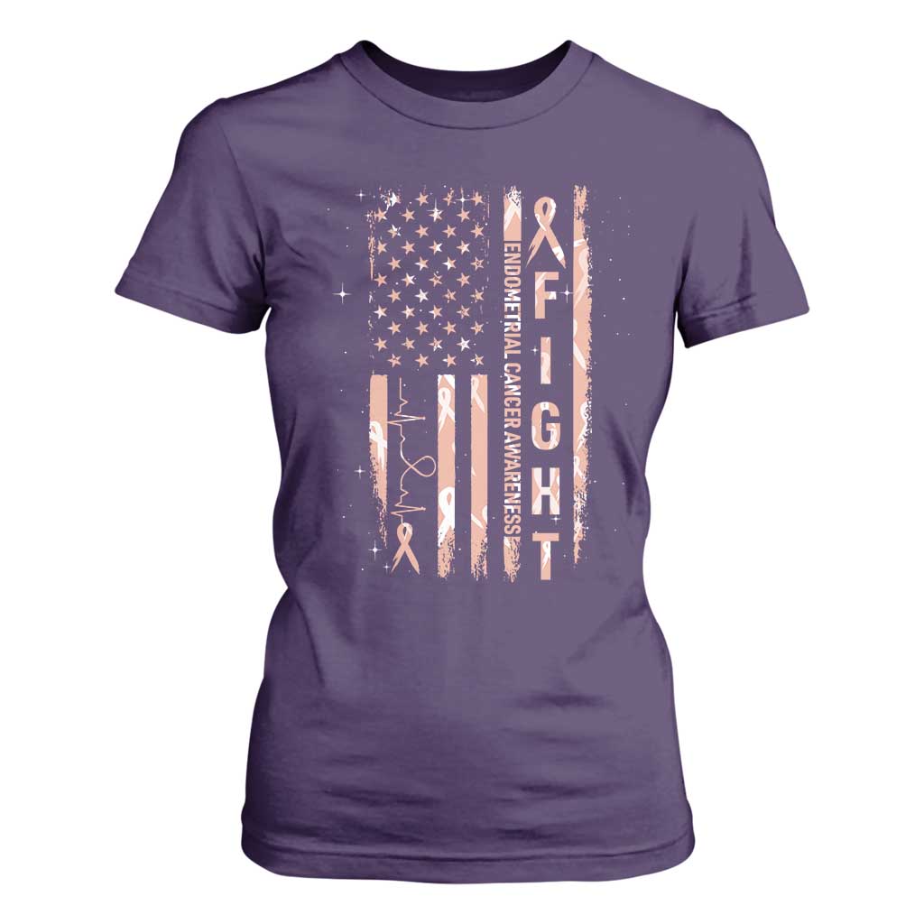 American Flag Endometrial Cancer T Shirt For Women Fight Together Peach Ribbon Support Squad
