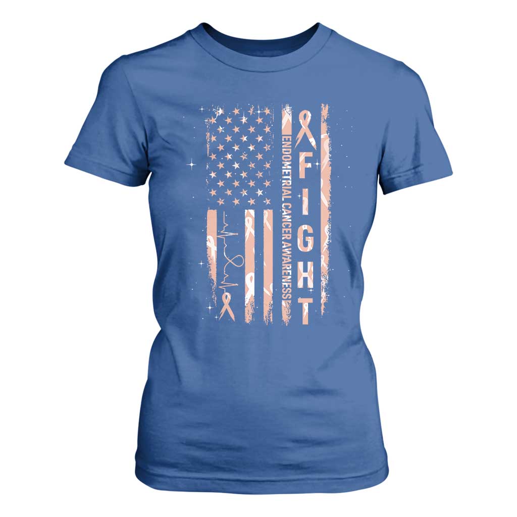 American Flag Endometrial Cancer T Shirt For Women Fight Together Peach Ribbon Support Squad