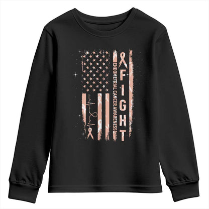 American Flag Endometrial Cancer Youth Sweatshirt Fight Together Peach Ribbon Support Squad