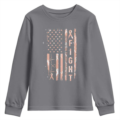 American Flag Endometrial Cancer Youth Sweatshirt Fight Together Peach Ribbon Support Squad