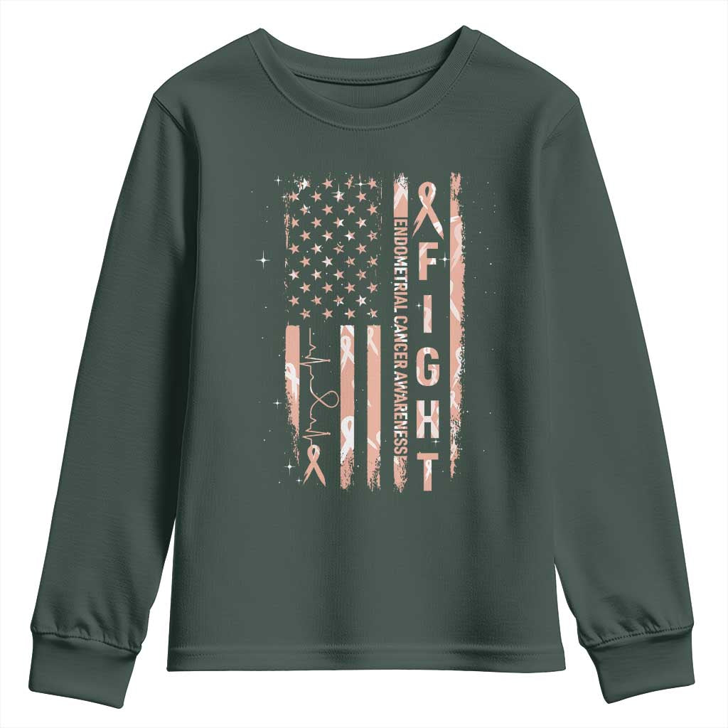 American Flag Endometrial Cancer Youth Sweatshirt Fight Together Peach Ribbon Support Squad