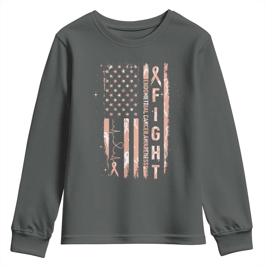 American Flag Endometrial Cancer Youth Sweatshirt Fight Together Peach Ribbon Support Squad