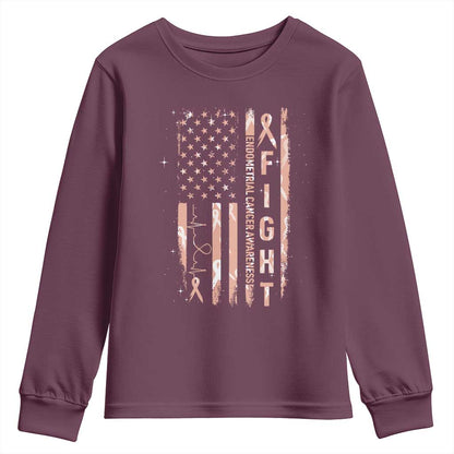 American Flag Endometrial Cancer Youth Sweatshirt Fight Together Peach Ribbon Support Squad