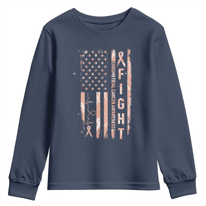 American Flag Endometrial Cancer Youth Sweatshirt Fight Together Peach Ribbon Support Squad