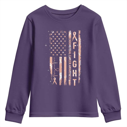 American Flag Endometrial Cancer Youth Sweatshirt Fight Together Peach Ribbon Support Squad