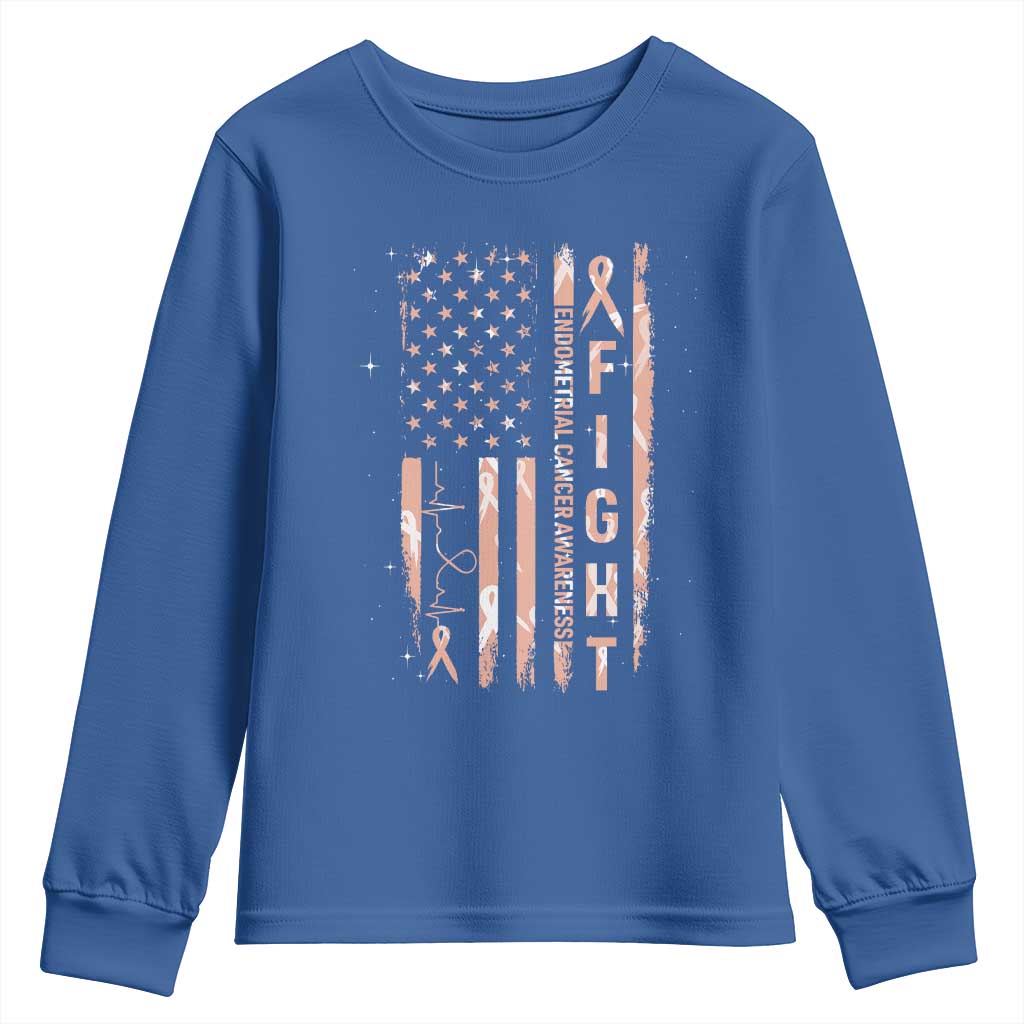 American Flag Endometrial Cancer Youth Sweatshirt Fight Together Peach Ribbon Support Squad