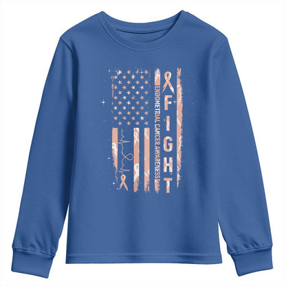 American Flag Endometrial Cancer Youth Sweatshirt Fight Together Peach Ribbon Support Squad