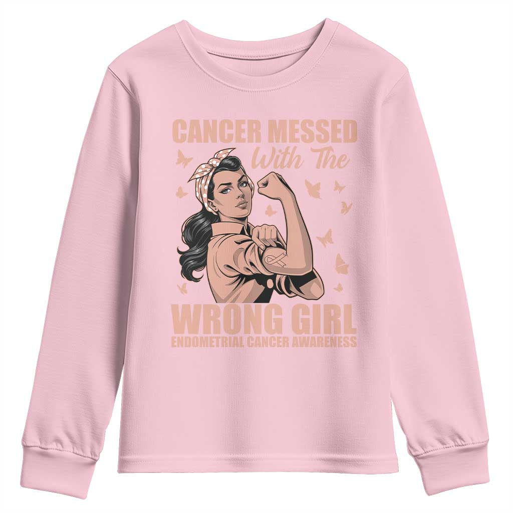 Strong Girl Endometrial Cancer Youth Sweatshirt Cancer Messed With The Wrong Girl