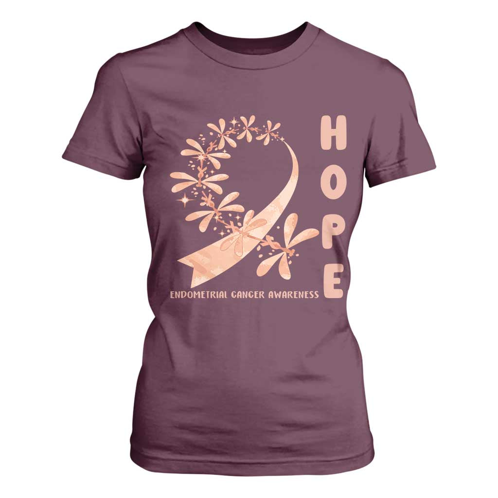 Peach Dragonfly Endometrial Cancer T Shirt For Women Hope And Strength