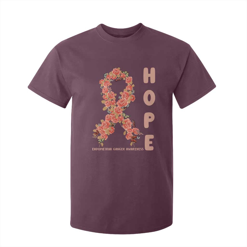Endometrial Cancer Floral Ribbon T Shirt For Kid Hope Peach Ribbon Warrior