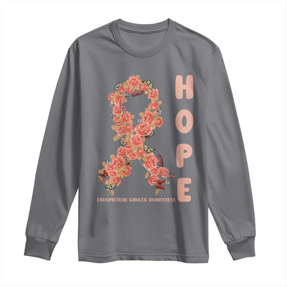 Endometrial Cancer Floral Ribbon Long Sleeve Shirt Hope Peach Ribbon Warrior