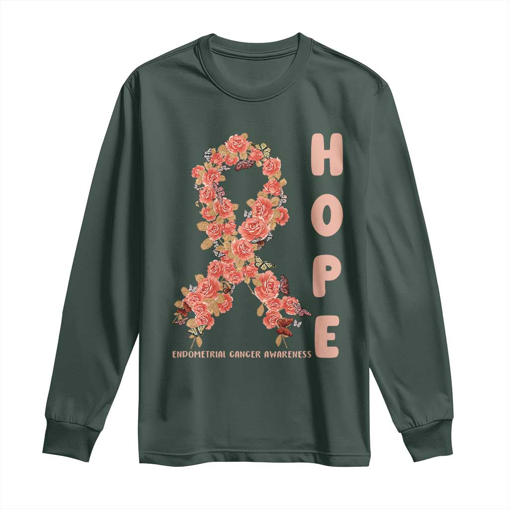 Endometrial Cancer Floral Ribbon Long Sleeve Shirt Hope Peach Ribbon Warrior