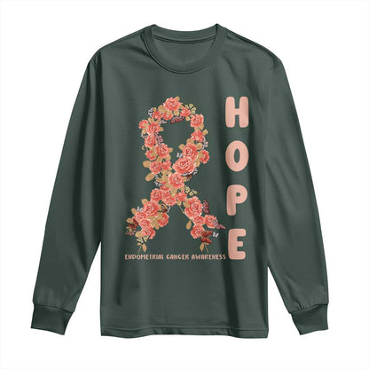 Endometrial Cancer Floral Ribbon Long Sleeve Shirt Hope Peach Ribbon Warrior