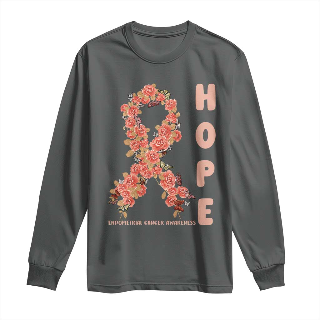 Endometrial Cancer Floral Ribbon Long Sleeve Shirt Hope Peach Ribbon Warrior
